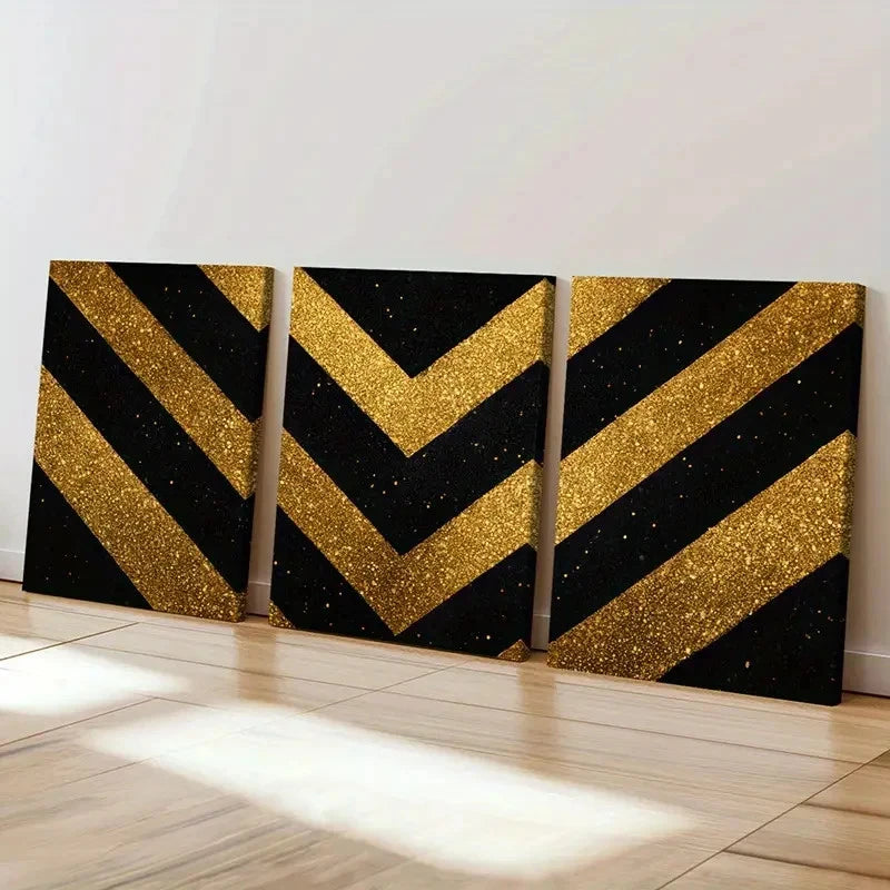 3pcs Abstract Golden Glitter Chevron Stripes Wall Art Set Canvas Framed 40x60cm - High Quality Print 100% Australian Made Wall Canvas Ready to Hang - Bella Home Decor