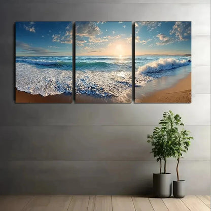 3pcs Serene Beach Scene With Waves  Wall Art Set Canvas Framed 40x60cm - High Quality Print 100% Australian Made Wall Canvas Ready to Hang