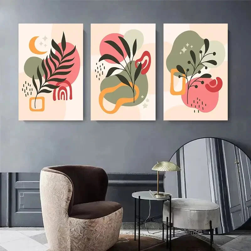 3pcs Modern Abstract Botanical Art with Bold Red Metal Print Ready to Hang Art