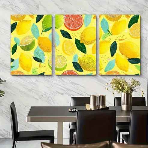 3pcs Vibrant Lemon Continuous Wall Art Canvas Unframed - High Quality Print 100% Australian Made Wall Canvas