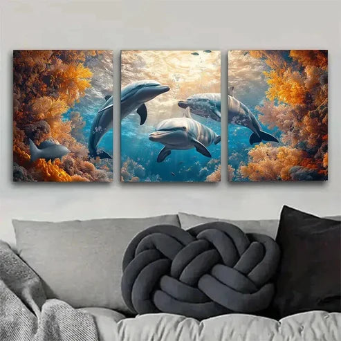 3pcs Coral Reef Symphony with Dolphins Wall Art Canvas Unframed - High Quality Print 100% Australian Made Wall Canvas - Bella Home Decor