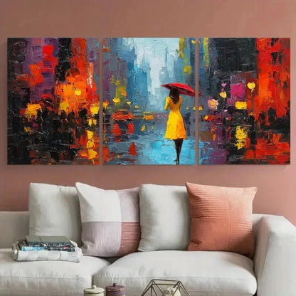 3pcs Street Walk Raining Cityscape Décor Prefect Wall Art Set Canvas Framed 40x60cm - High Quality Print 100% Australian Made Wall Canvas Ready to Hang
