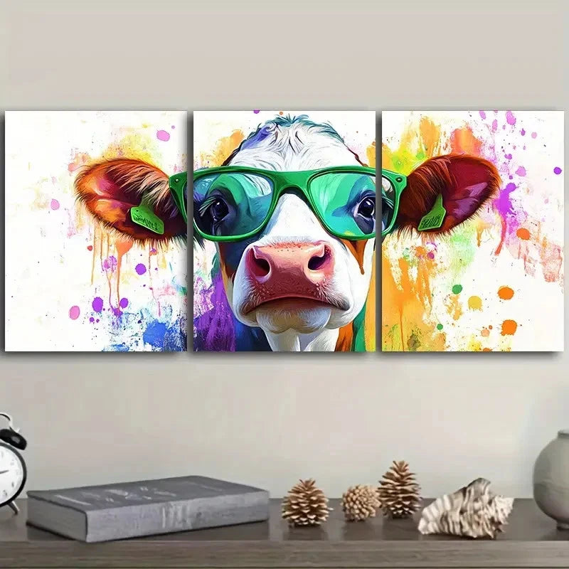 3pcs Cute cow wearing green glasses  Wall Art Set Canvas Framed 40x60cm - High Quality Print 100% Australian Made Wall Canvas Ready to Hang - Bella Home Decor
