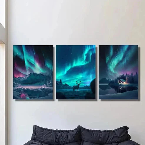 3pcs Arctic Night Scene with Auroras And Deer Wall Art Canvas Unframed – High Quality Print 100% Australian Made Wall Canvas - Bella Home Decor