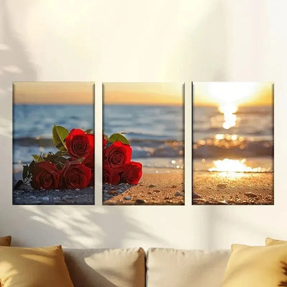 3pcs Couple of Red Roses Sitting on the Beach Wall Art Set Canvas Framed 60x90cm - High Quality Print 100% Australian Made Wall Canvas Ready to Hang - Bella Home Decor