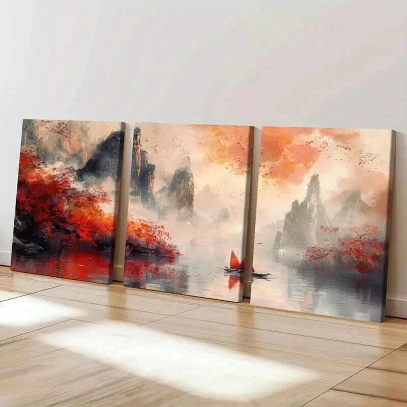 3pcs Retro Traditional Chinese Landscape Wall Art Set Canvas Framed 40x60cm - High Quality Print 100% Australian Made Wall Canvas Ready to Hang