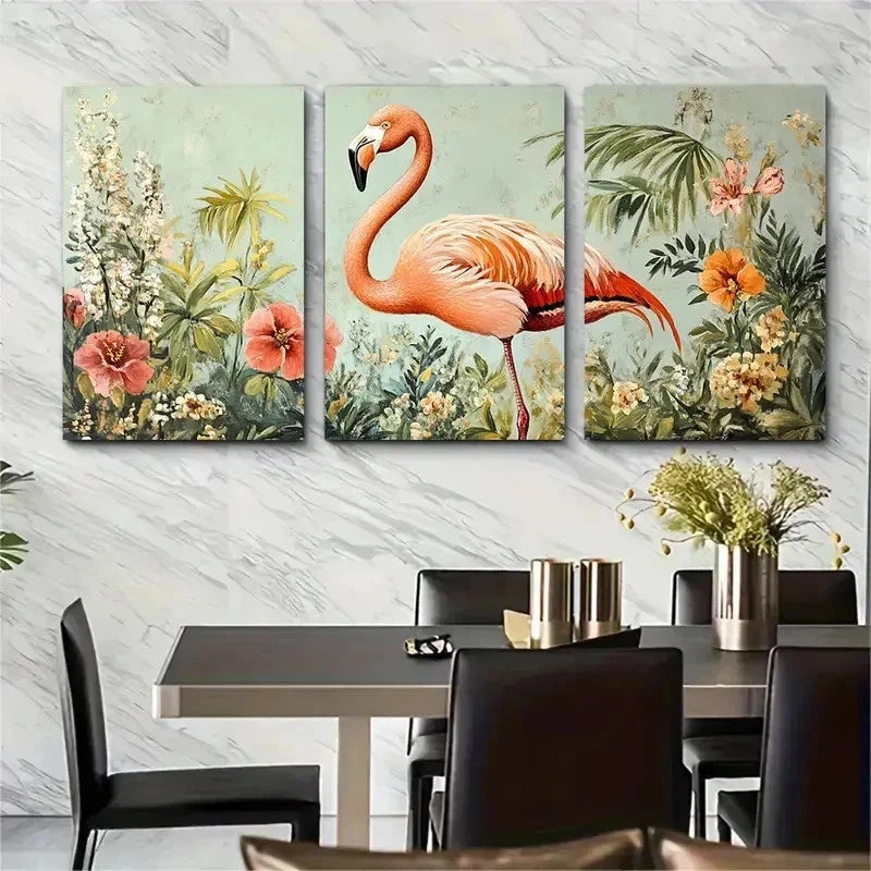 3pcs Vintage Flamingo Botanical Floral Perfect Wall Art Set Canvas Framed 50x70cm - High Quality Print 100% Australian Made Wall Canvas Ready to Hang