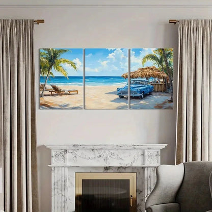 3pcs Australian Beach & Palm Trees Vintage Car   Wall Art Set Canvas Framed 50x70cm - High Quality Print 100% Australian Made Wall Canvas Ready to Hang - Bella Home Decor