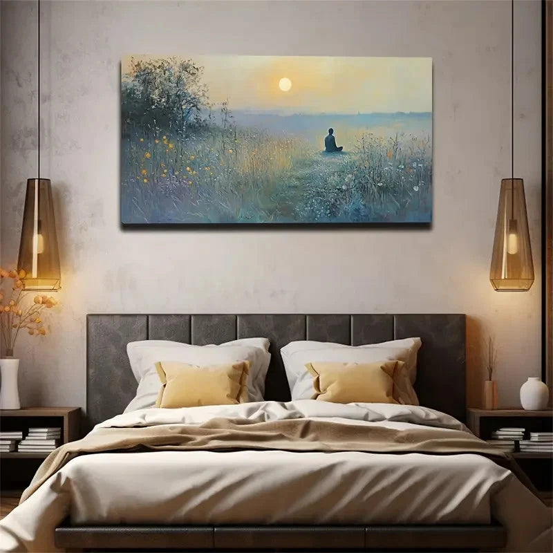 Sunset Meditators Space Happy Wall Art Canvas Office Home Room Framed 120x60cm
