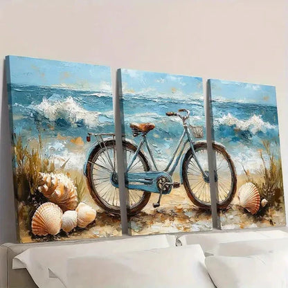 3pcs Ocean Coastal Scene with Seashells Bicycle  Wall Art Set Canvas Unframed - High Quality Print 100% Australian Made Wall Canvas