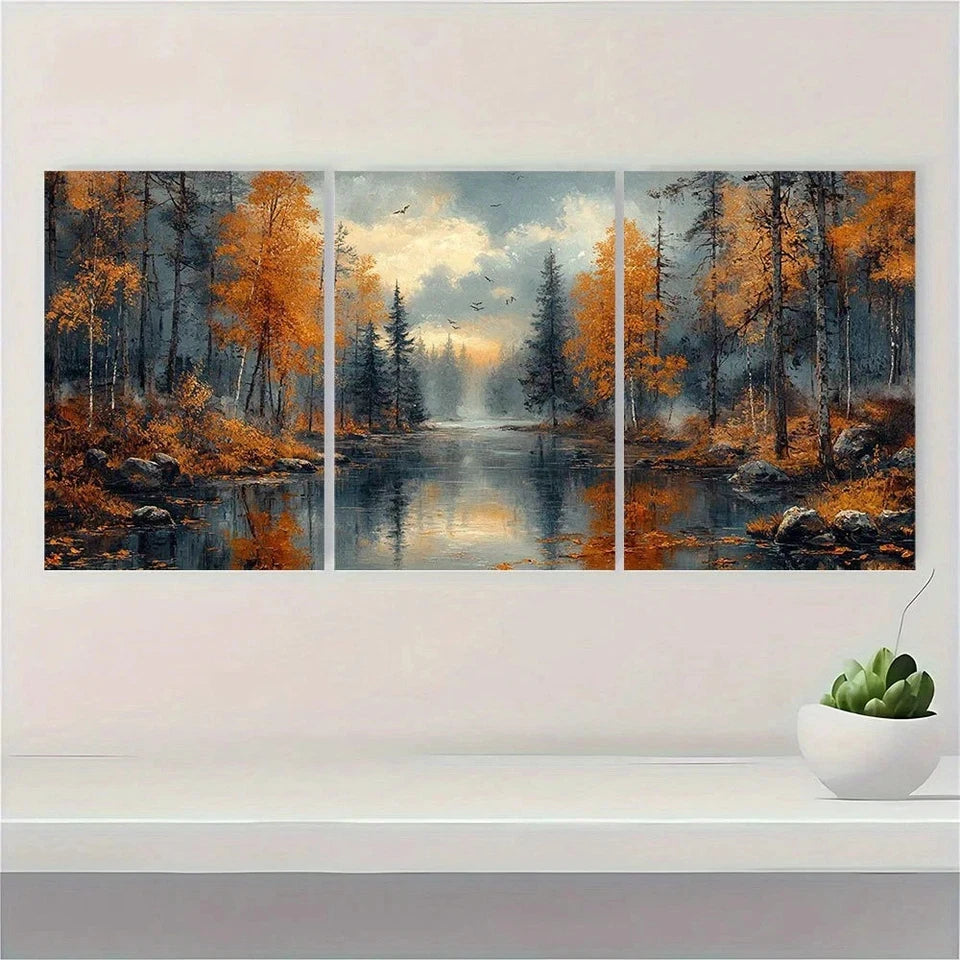3pcs Autumn River Forest Vintage Antique Style Wall Art Set Canvas Framed 60x90cm - High Quality Print 100% Australian Made Wall Canvas Ready to Hang - Bella Home Decor