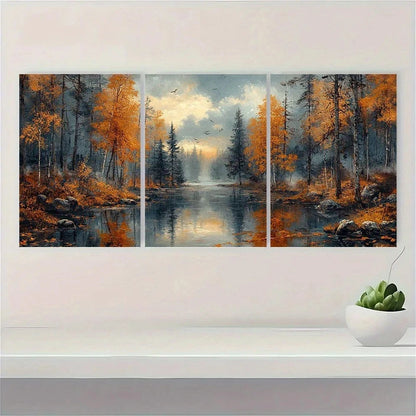 3pcs Autumn River Forest Vintage Antique Style Wall Art Set Canvas Framed 60x90cm - High Quality Print 100% Australian Made Wall Canvas Ready to Hang - Bella Home Decor