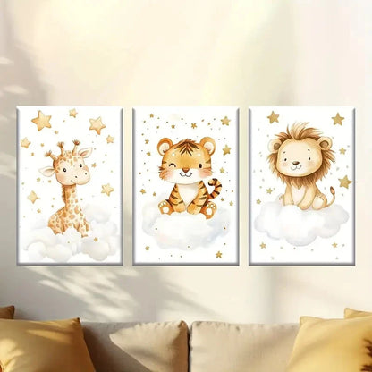 3pcs Cute Cartoon Lion, Giraffe and Tiger Wall Art Set Canvas Framed 60x90cm - High Quality Print 100% Australian Made Wall Canvas Ready to Hang - Bella Home Decor