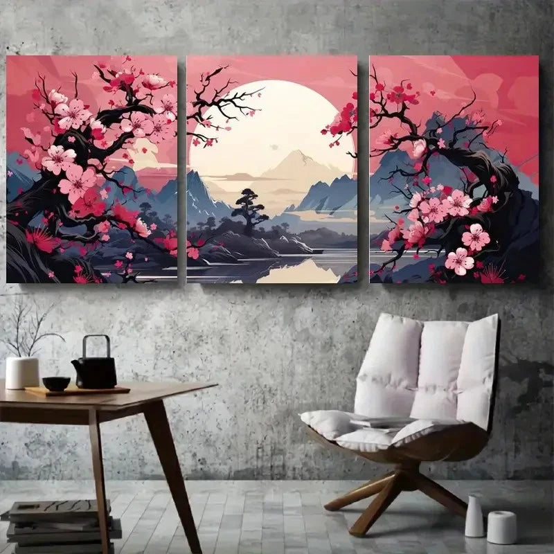 3pcs Cherry Blossom Sunrise Zen Floral Metal Print Ready to Hang Art - Bella Home Decor