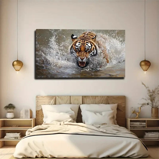 Majestic Tiger In Water Vibrant Wall Art Canvas Office Home Room Framed 120x60cm