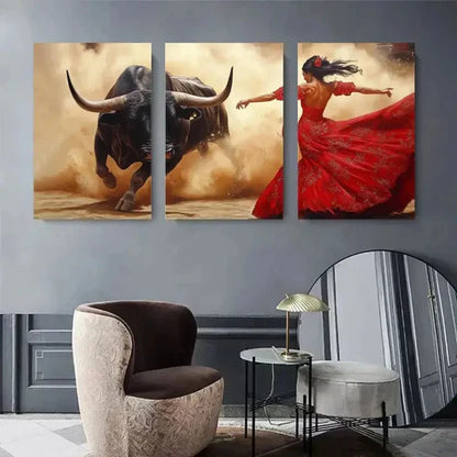 3pcs Flamenco Dancer Charging Bull Perfect Wall Art Canvas Unframed - High Quality Print 100% Australian Made Wall Canvas
