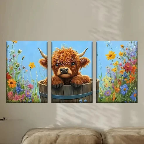 3pcs Highland Cows in Vibrant Flower Fields Wall Art Set Canvas Unframed - High Quality Print 100% Australian Made Wall Canvas
