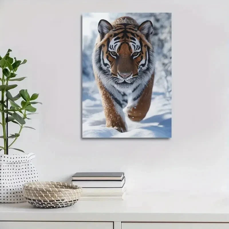 Beautiful Contemporary Tiger in Snow Painting 40x60cm Metal Print Ready to Hang - Bella Home Decor