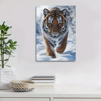 Beautiful Contemporary Tiger in Snow Painting 40x60cm Metal Print Ready to Hang - Bella Home Decor