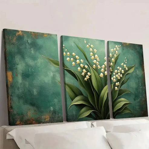 3pcs Green Rustic Vintage Lily of the Valley Wall Art Set Canvas Unframed - High Quality Print 100% Australian Made Wall Canvas