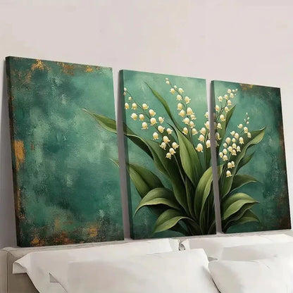 3pcs Green Rustic Vintage Lily of the Valley Wall Art Set Canvas Unframed - High Quality Print 100% Australian Made Wall Canvas