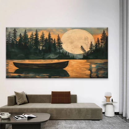 Lake Forest Moonlight Boat Wall Art Canvas Office Home Room Framed 120x60cm