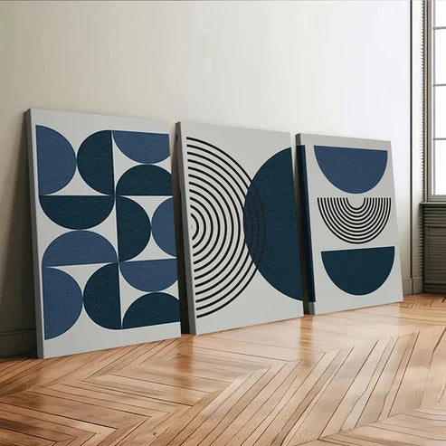 3pcs Navy Blue Bohemian Black Lines Modern Wall Art Set Canvas Unframed - High Quality Print 100% Australian Made Wall Canvas