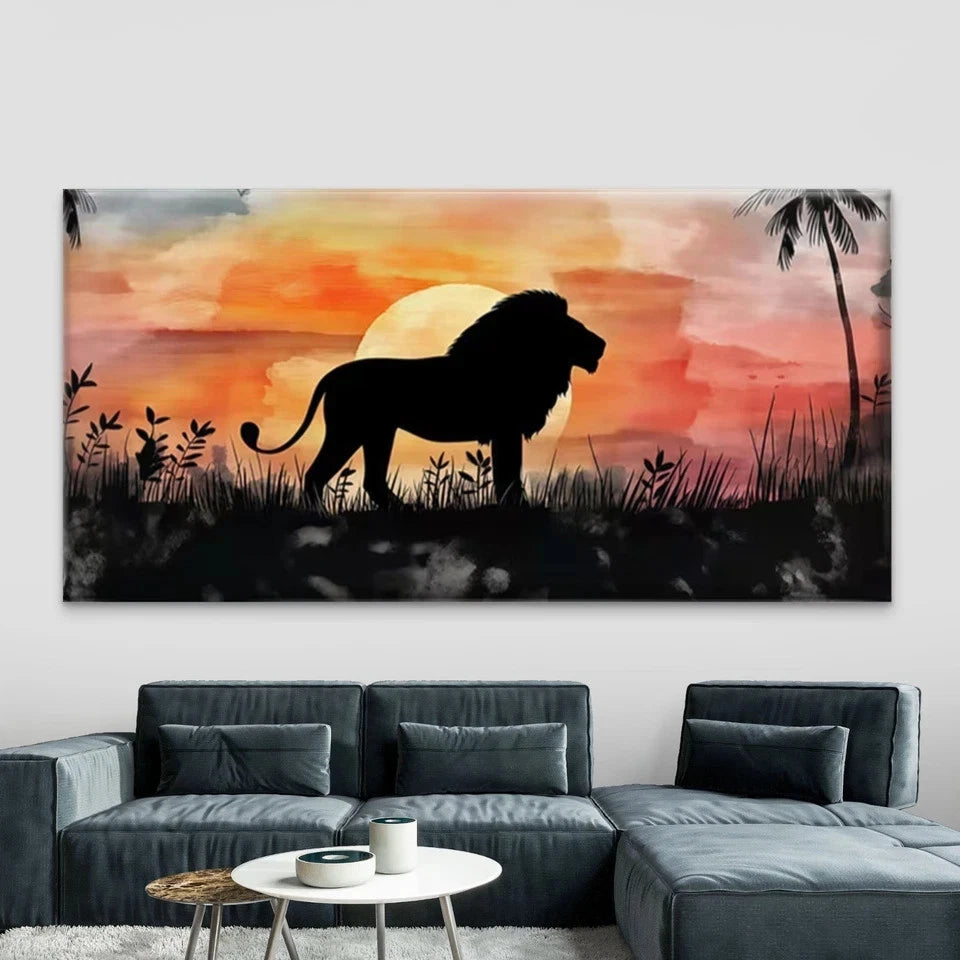 Lion Silhouette Sunset Wall Art Canvas Office Home Room Framed 120x60cm