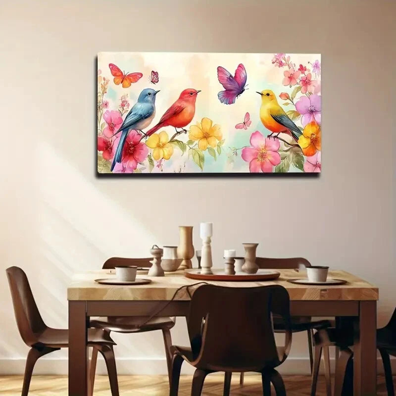 Three Colorful Birds Flowering Wall Art Canvas Office Home Room Framed 120x60cm - Bella Home Decor