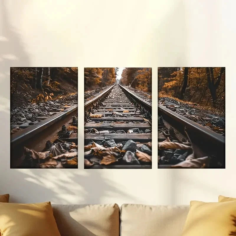 3pcs Railway covered with fallen leaves Wall Art Set Canvas Framed 40x60cm - High Quality Print 100% Australian Made Wall Canvas Ready to Hang