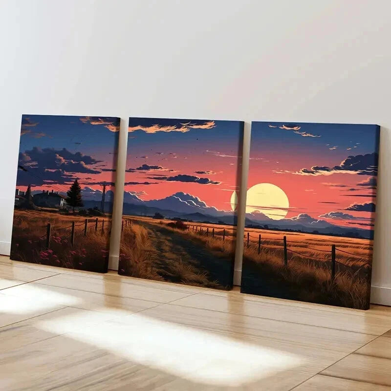 3pcs Sunset Village Country Road Landscape  Wall Art Set Canvas Framed 50x70cm - High Quality Print 100% Australian Made Wall Canvas Ready to Hang - Bella Home Decor