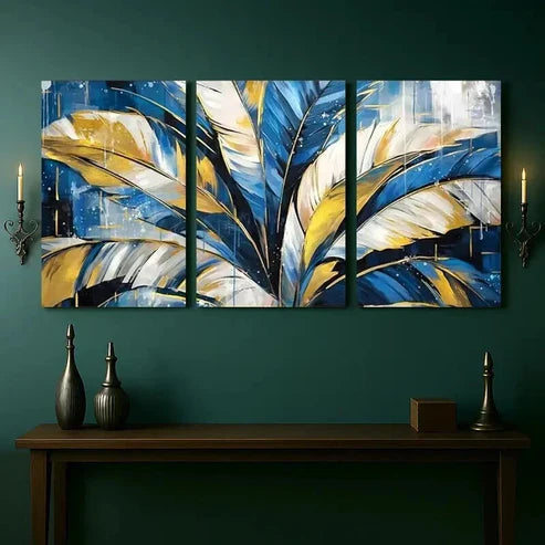 3pcs Blue and Golden Feather Geometric Wall Art Canvas Unframed - High Quality Print 100% Australian Made Wall Canvas - Bella Home Decor