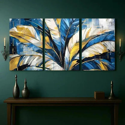 3pcs Blue and Golden Feather Geometric Wall Art Canvas Unframed - High Quality Print 100% Australian Made Wall Canvas - Bella Home Decor