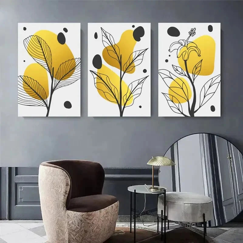 3pcs Modern Yellow and Black Botanical Metal Print Ready to Hang Art
