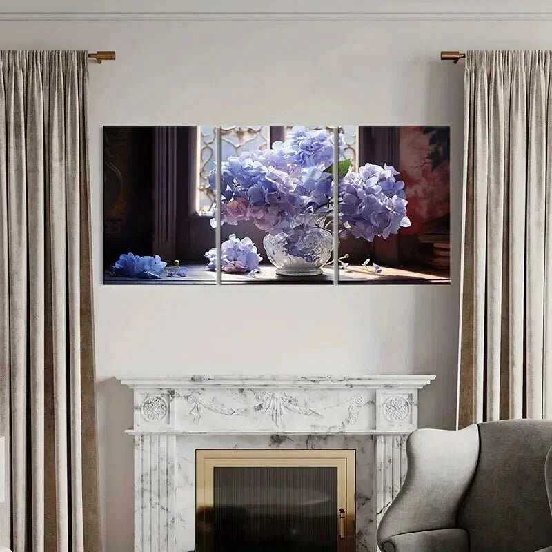 3pcs Vase Purple Flowers Hydrangeas Wall Art Set Canvas Framed 50x70cm - High Quality Print 100% Australian Made Wall Canvas Ready to Hang - Bella Home Decor