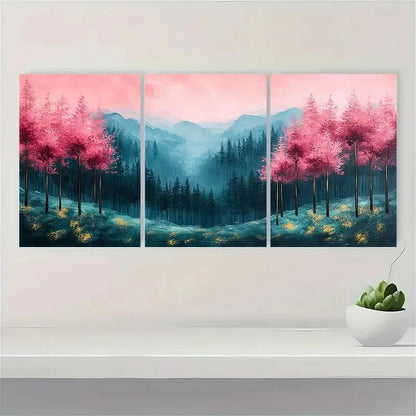 3pcs Pine Forest Artwork Pink Green DF   Wall  Art Set Canvas Framed 60x90cm - High Quality Print 100% Australian Made Wall Canvas Ready to Hang )