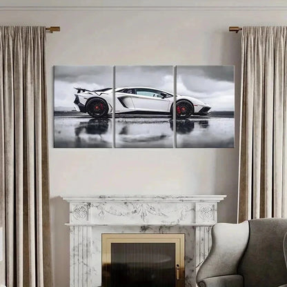 3pcs White Lambo Super Car Modern Vehicle Wall Art Set Canvas Framed 50x70cm - High Quality Print 100% Australian Made Wall Canvas Ready to Hang