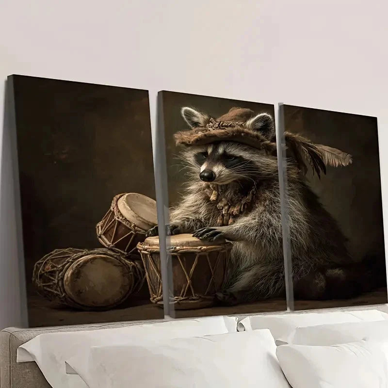 3pcs Whimsical Raccoon Playing Bongos Wall Art Set Canvas Framed 60x90cm - High Quality Print 100% Australian Made Wall Canvas Ready to Hang