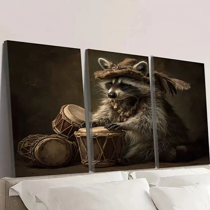 3pcs Whimsical Raccoon Playing Bongos Wall Art Set Canvas Framed 60x90cm - High Quality Print 100% Australian Made Wall Canvas Ready to Hang