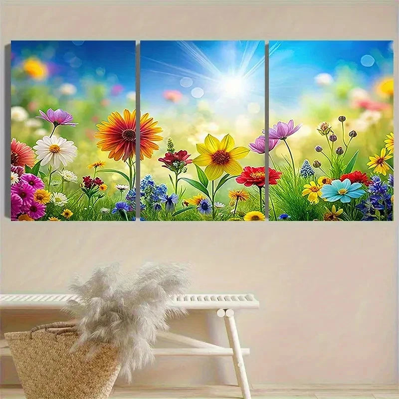 3pcs Sunlit Wildflower Meadow Wall Art Set Canvas Framed 60x90cm - High Quality Print 100% Australian Made Wall Canvas Ready to Hang - Bella Home Decor