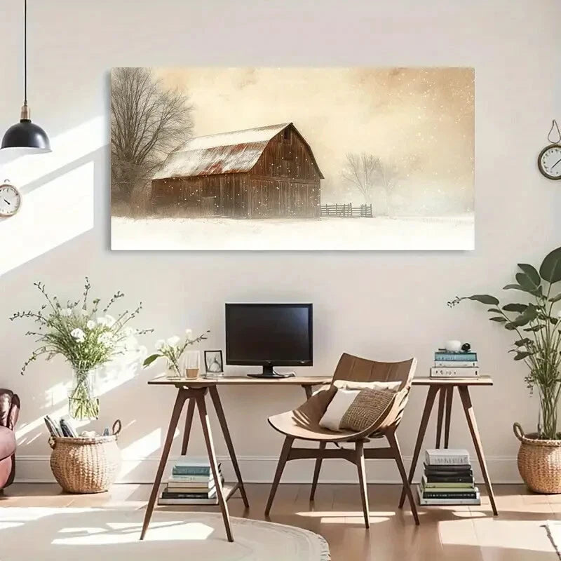 Rustic Barn Snow Cover Wall Art Canvas Office Home Room Framed 120x60cm - Bella Home Decor