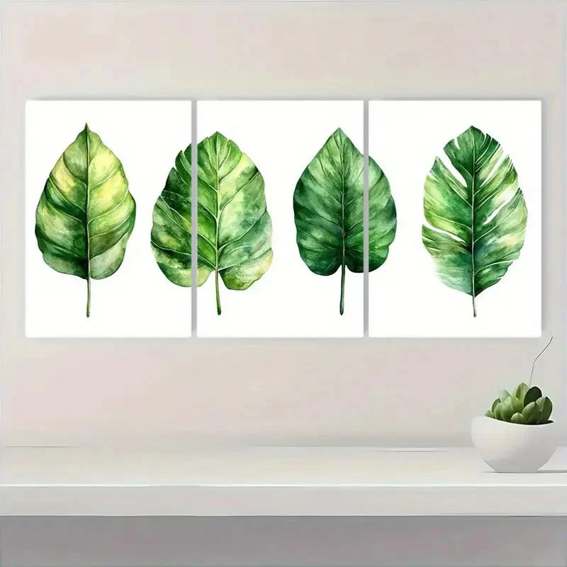 3pcs Green Tropical Leaves Illustrations CM  Wall Art Set Canvas Framed50x70cm - High Quality Print 100% Australian Made Wall Canvas Ready to Hang - Bella Home Decor