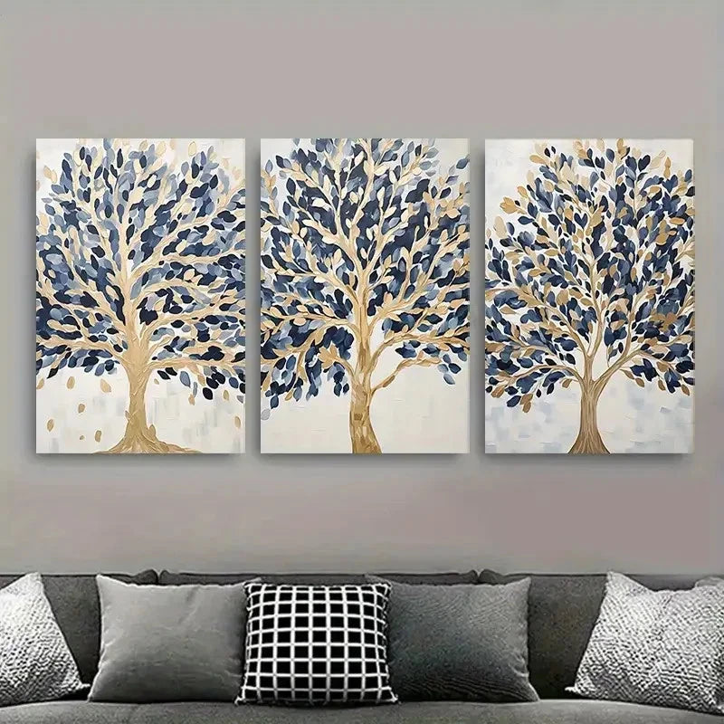 3pcs Abstract Blue Golden Tree Metal Print Ready to Hang Art - Bella Home Decor