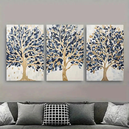 3pcs Abstract Blue Golden Tree Metal Print Ready to Hang Art - Bella Home Decor