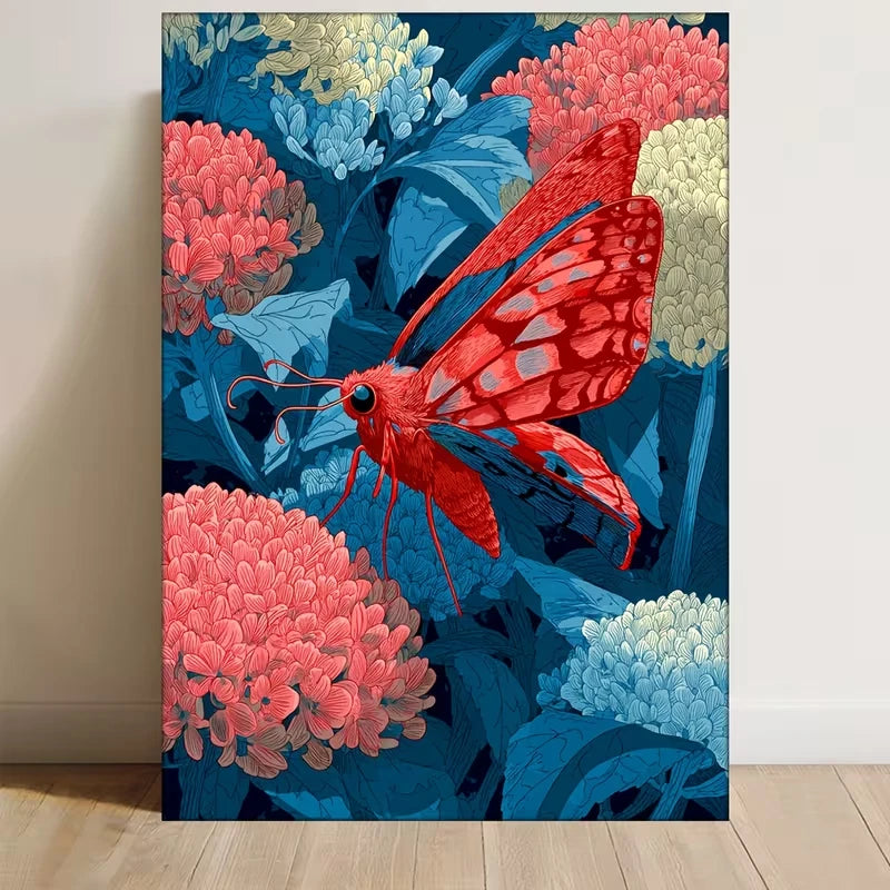 Japanese Floral Abstract Red Butterfly & Blue Flower 60x90cm Metal Print Ready to Hang