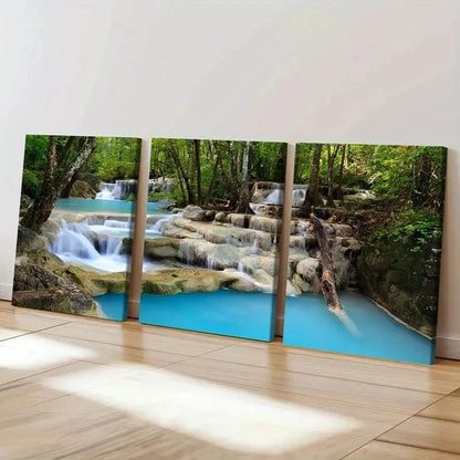 3pcs Mountain Forest Small Stream Water Wall Art Set Canvas Framed 50x70cm - High Quality Print 100% Australian Made Wall Canvas Ready to Hang