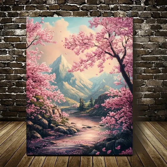 Cherry Blossom Pink Sakura, Mountain & River Scene 40x60cm Metal Print Ready to Hang - Bella Home Decor