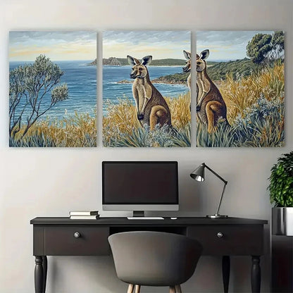 3pcs Kangaroo Scenic Australian Wildlife Wall Art Set Canvas Framed 40x60cm - High Quality Print 100% Australian Made Wall Canvas Ready to Hang