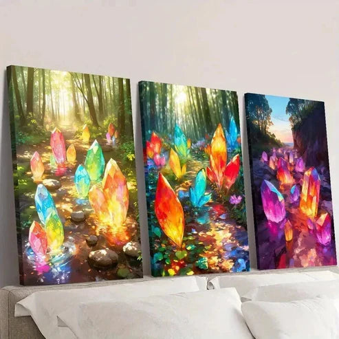 3pcs Colorful Magic Crystals in the Forest Wall Art Canvas Unframed - High Quality Print 100% Australian Made Wall Canvas - Bella Home Decor