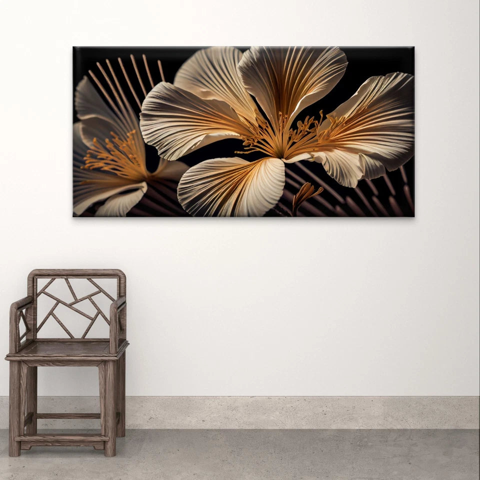 Elegant Gold and White Floral Wall Art Canvas Office Home Framed 120x60cm